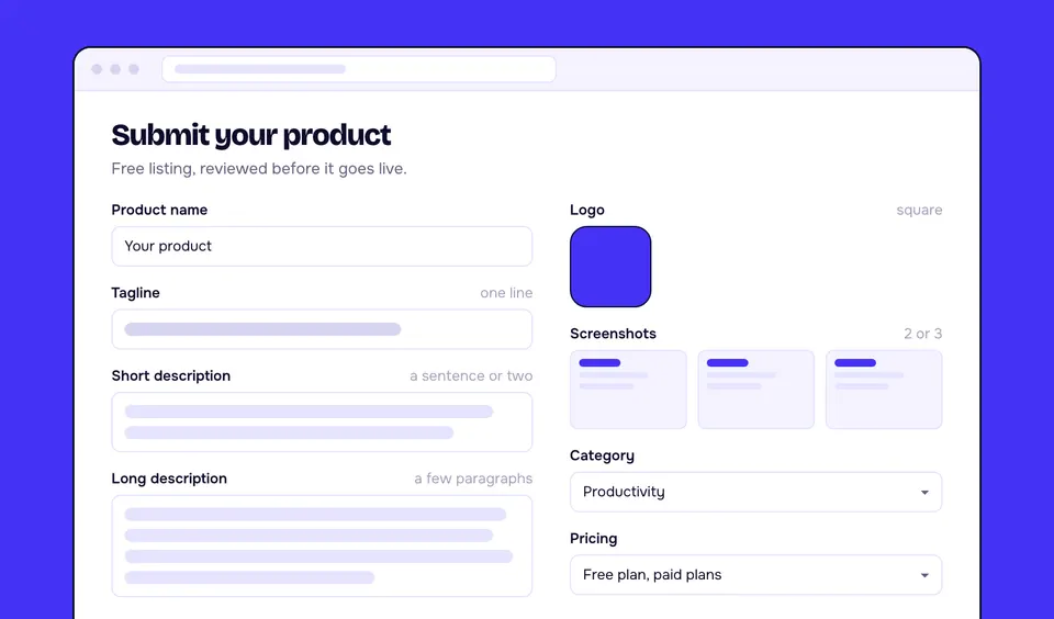A directory's submission form, filled in with the product's name, tagline, short description, logo, three screenshots, category and pricing